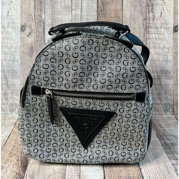 Guess Grey Black Monogram SV739530 PVC Vinyl Modern Bookbag Backpack Handbag - Picture 1 of 9